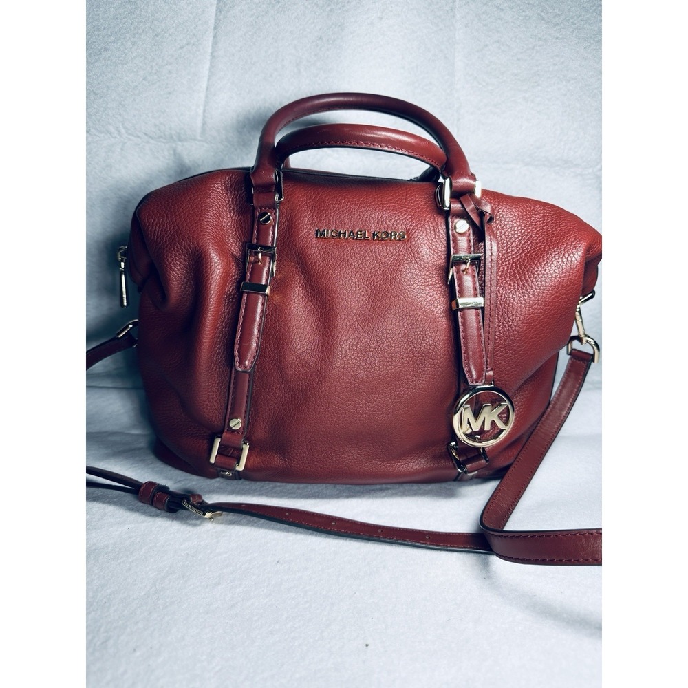 Michael Kors Bedford Pebbled Leather Satchel Crossbody Bag Oxblood Burgundy Gold
